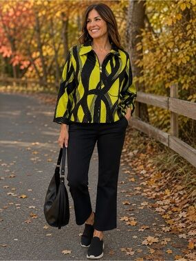 Joseph Ribkoff Trends Vintage Abstract Sequin Zip Jacket Lime Black Sz 14